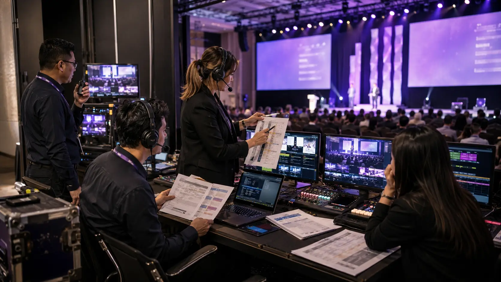 Corporate buyers evaluating a conference management company and reviewing event plans