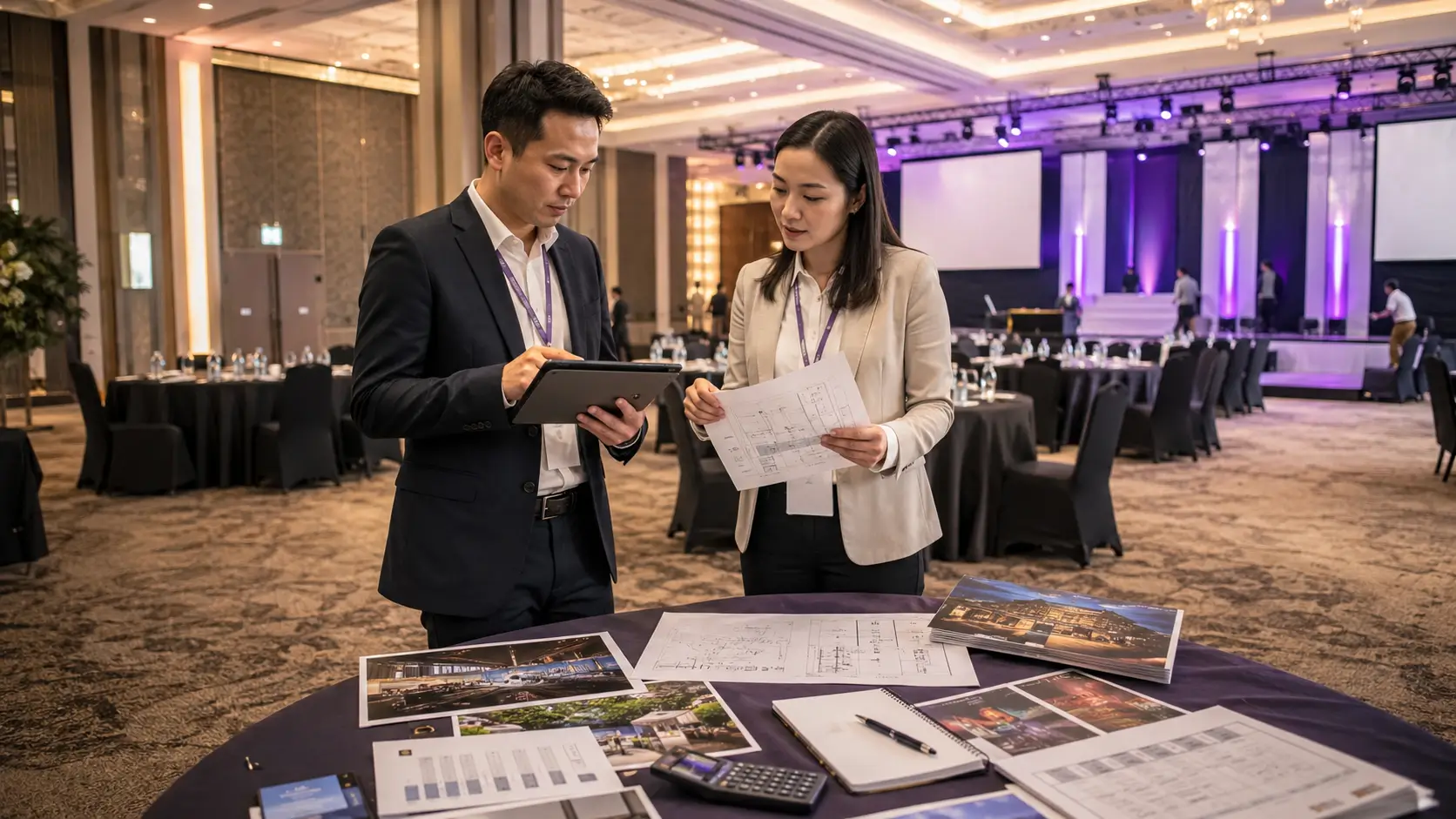 Corporate buyers reviewing venue, catering, transport, accommodation, and production costs