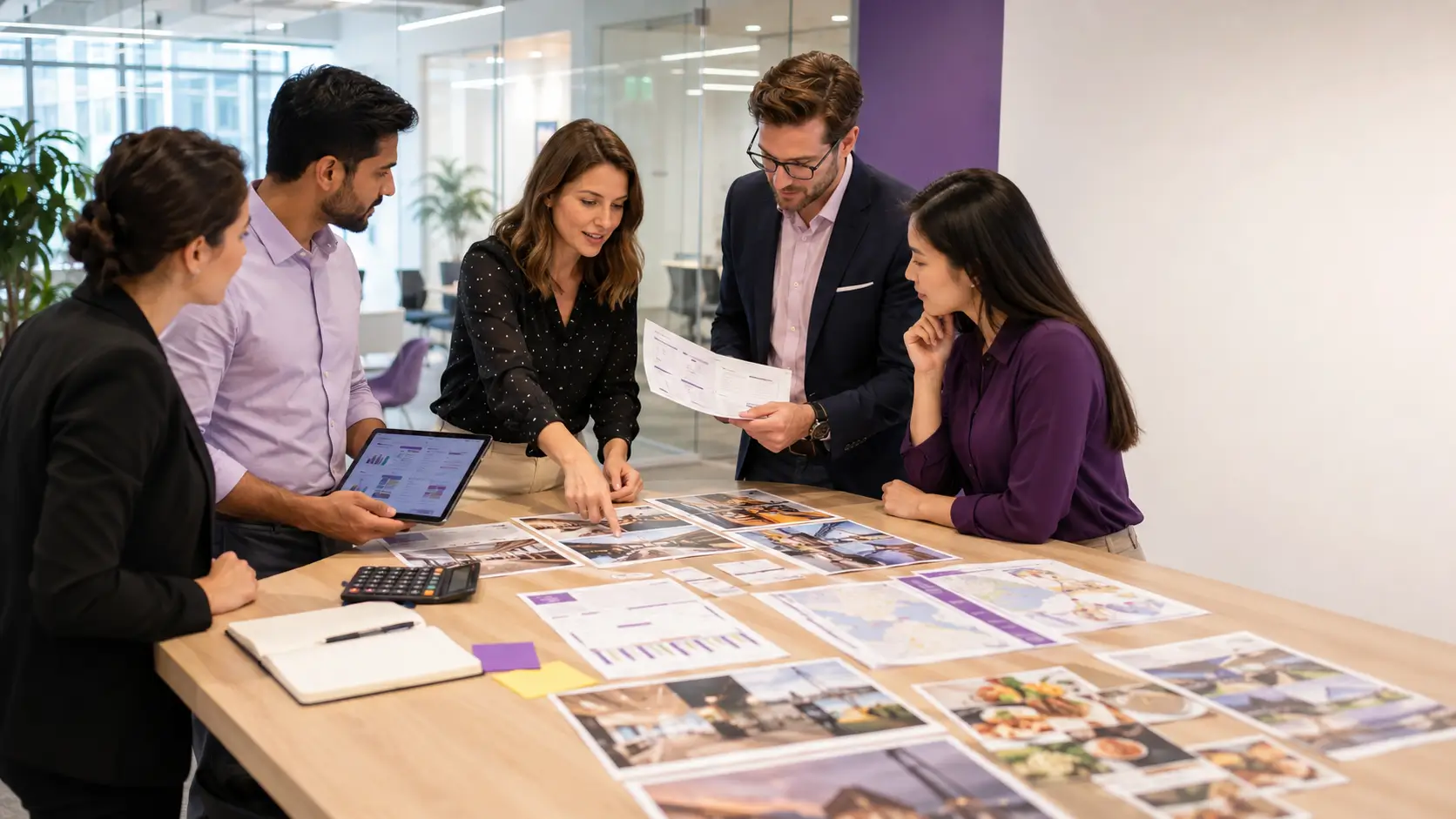 Corporate event planning team using a corporate event cost calculator to review budgets