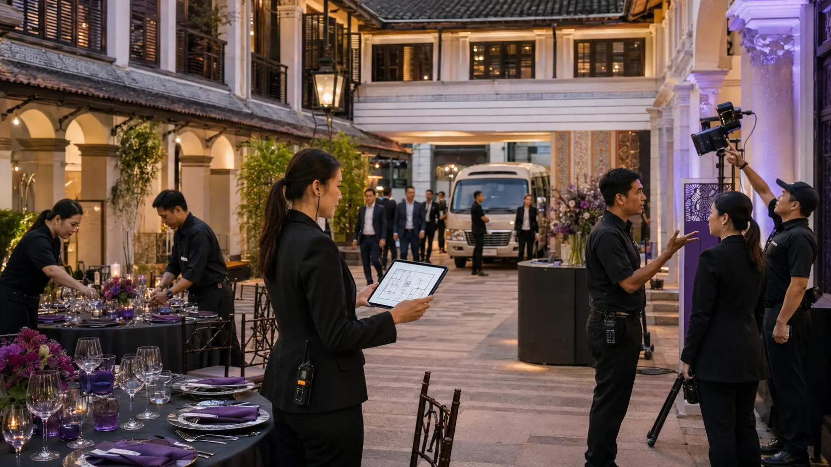 Local destination management team coordinating transport hotels venues and corporate event suppliers on site