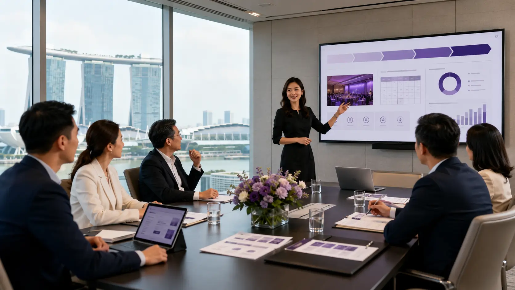 Corporate MICE event planning team reviewing conference and incentive travel details