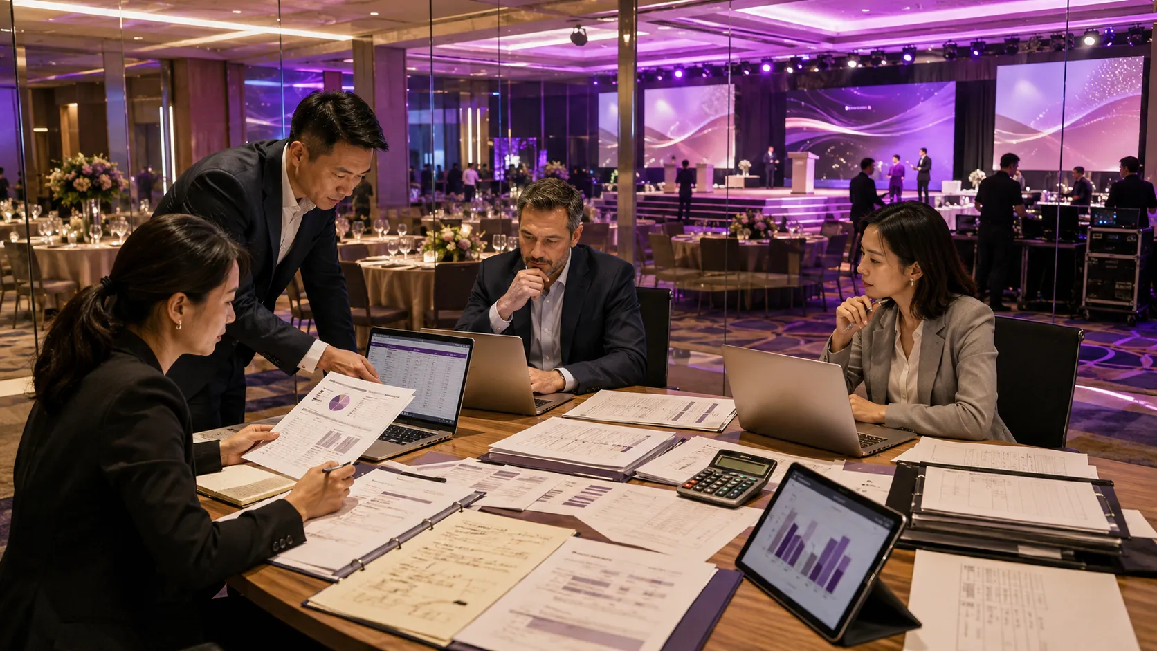 Corporate event team planning a company anniversary budget with venue, catering and production proposals