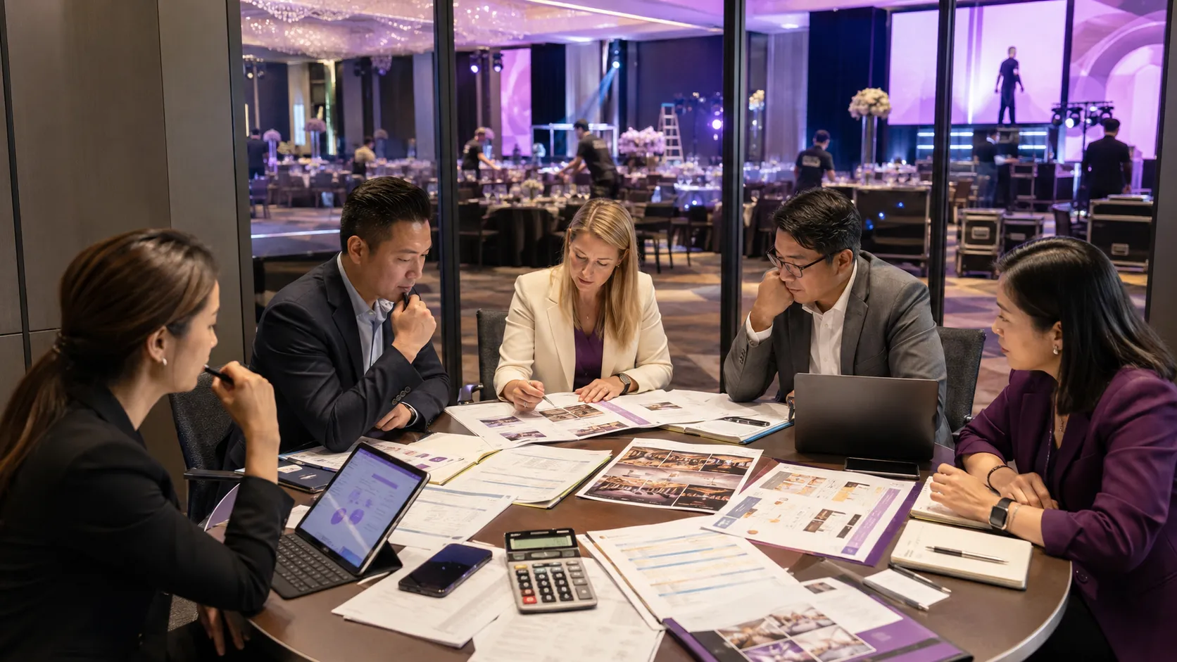 Corporate event team reviewing anniversary event costs, approvals and supplier quotations