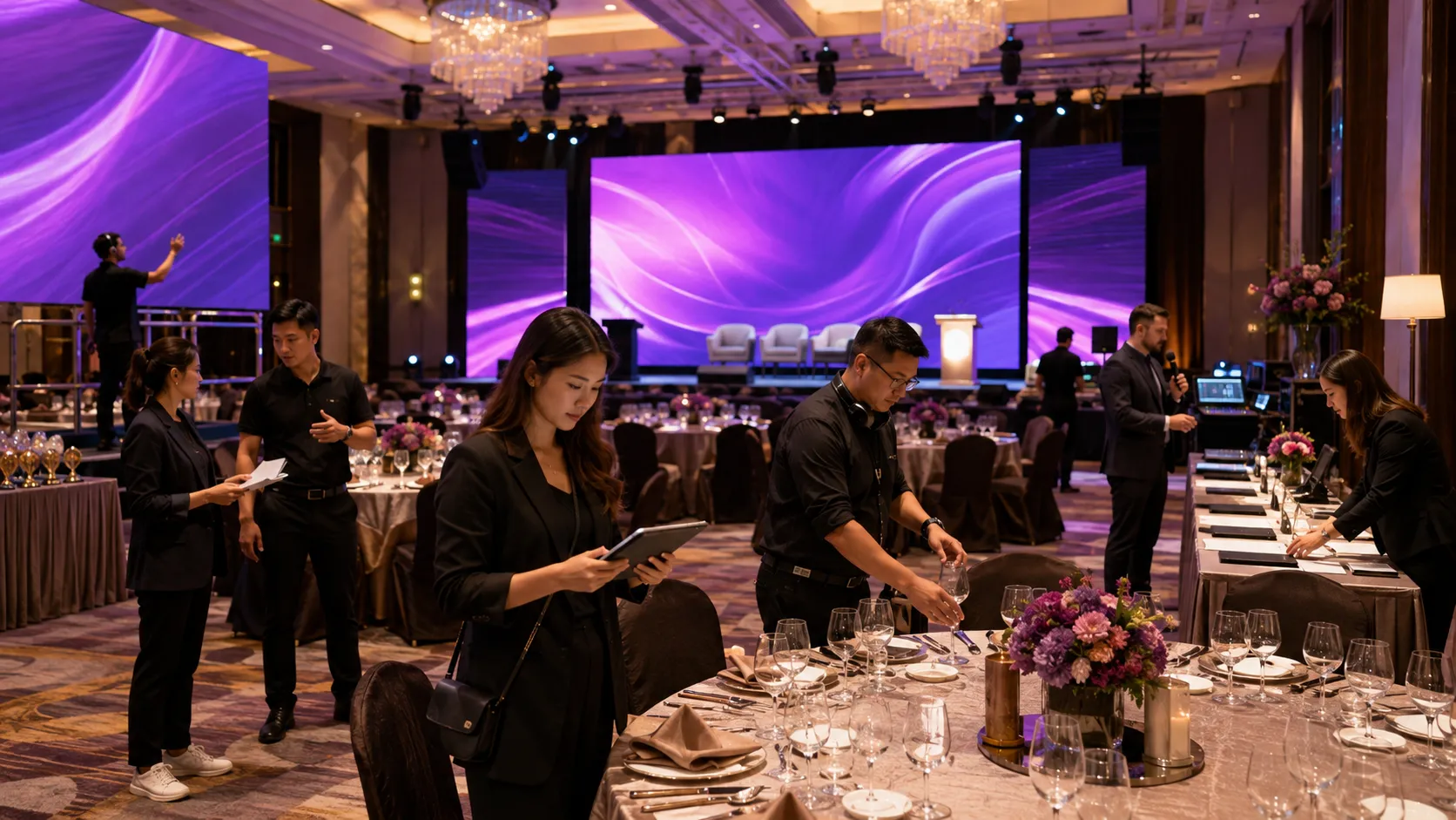 Event management team coordinating company anniversary operations and event-day run sheet