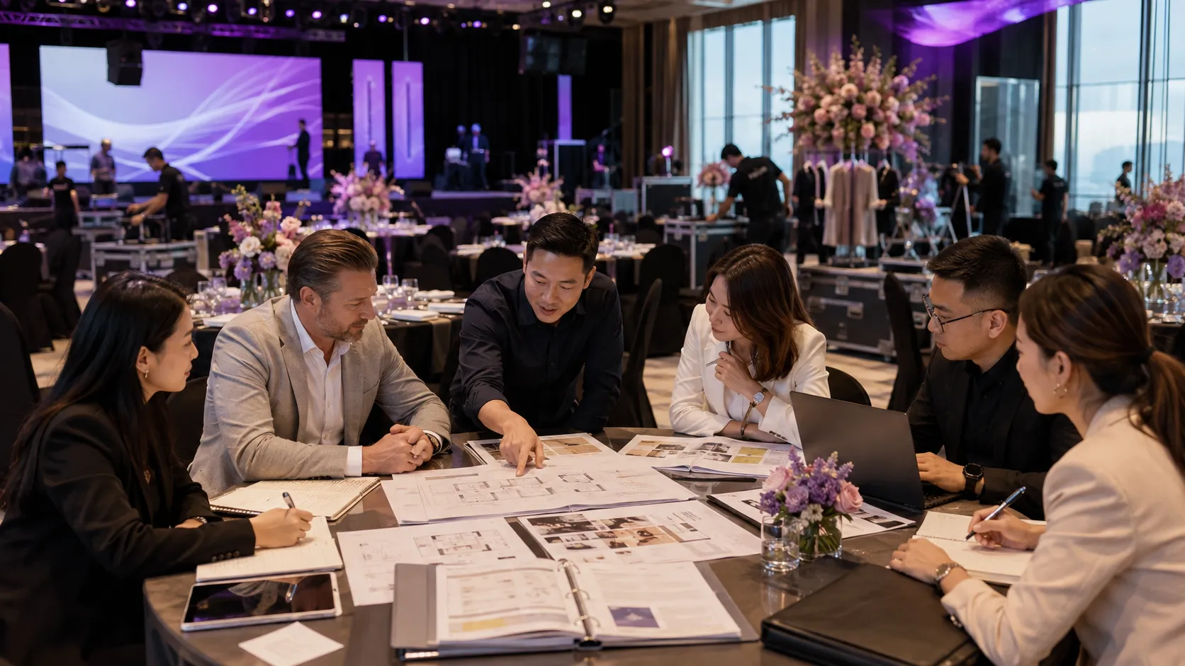 Corporate event team reviewing a company anniversary planning checklist and event schedule
