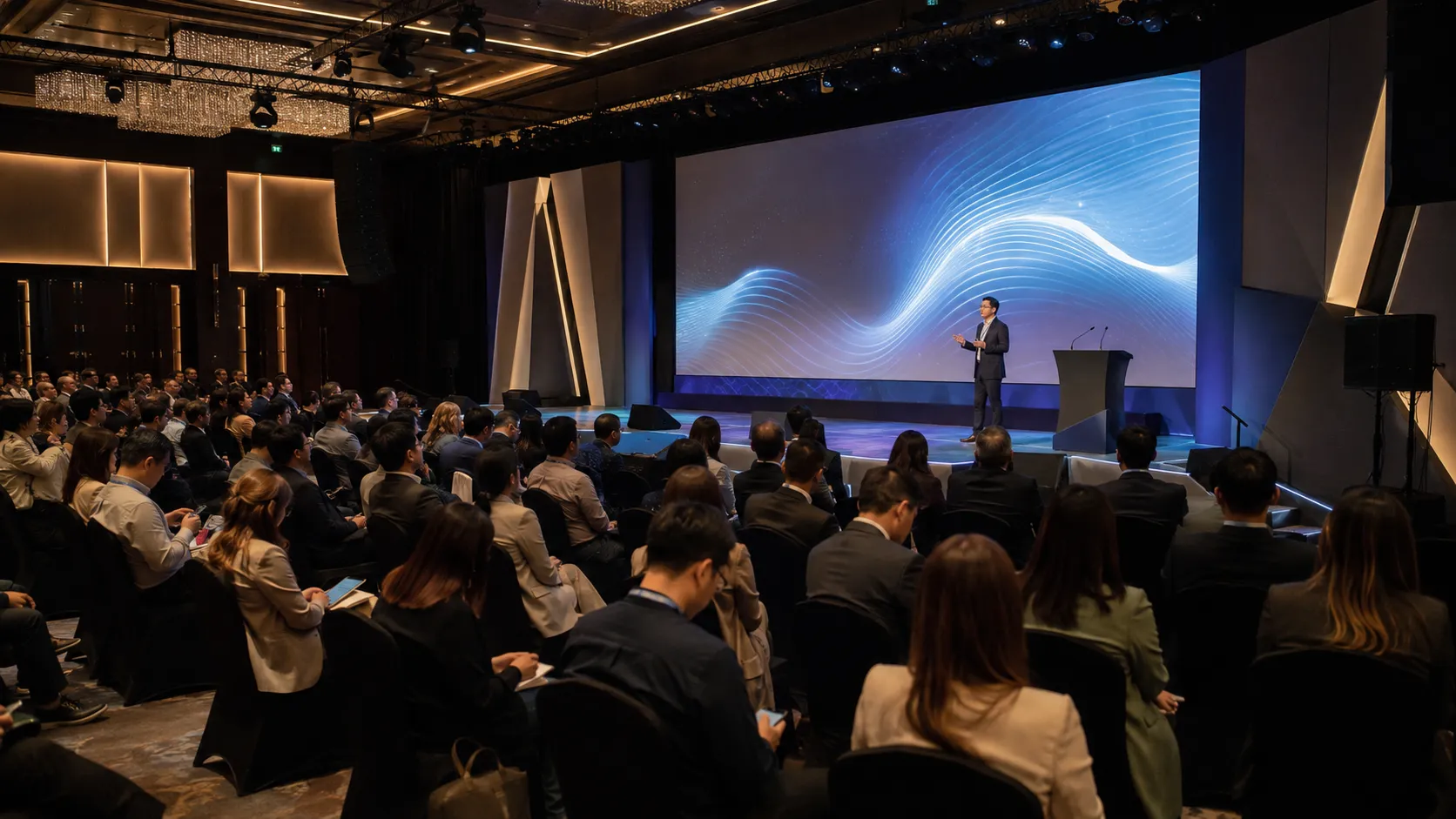 Conference stage with professional AV, lighting and presentation screens