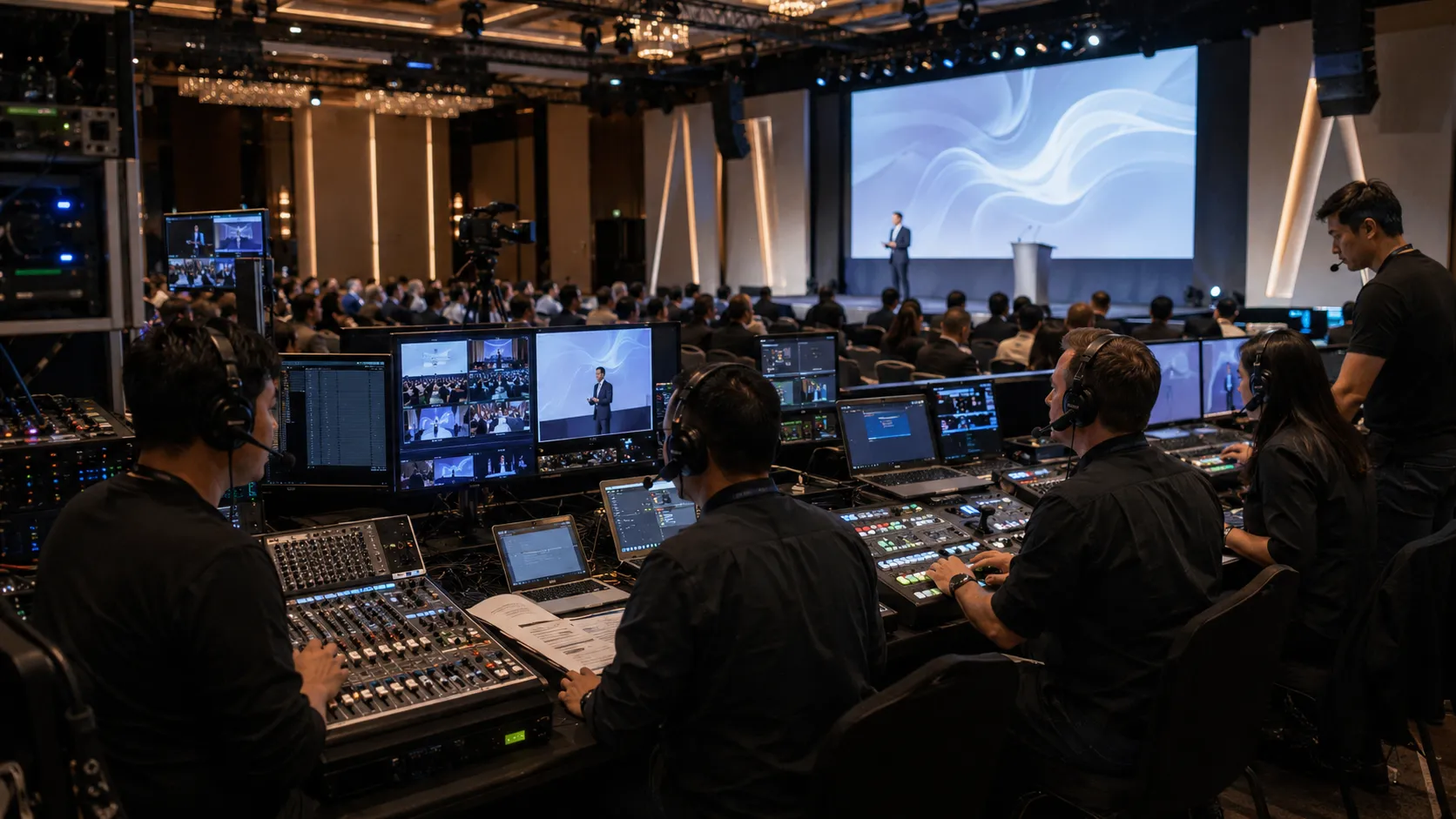 Technical production team managing conference audio, video and show control