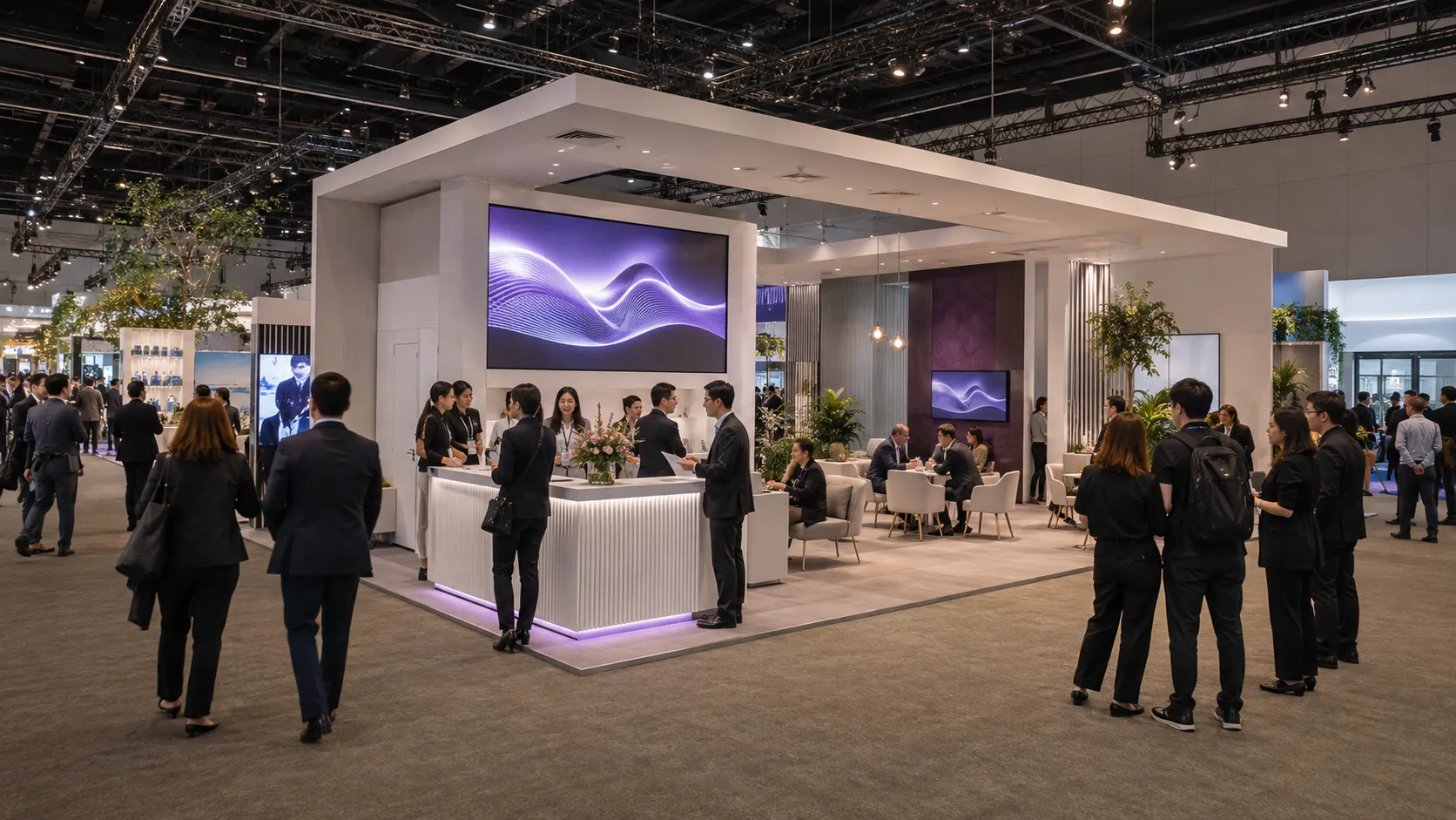 Professional exhibition hall with branded booths, visitor flow and event management