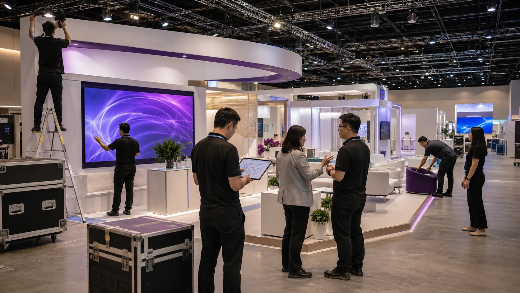Exhibition management team coordinating suppliers, logistics and on-site operations