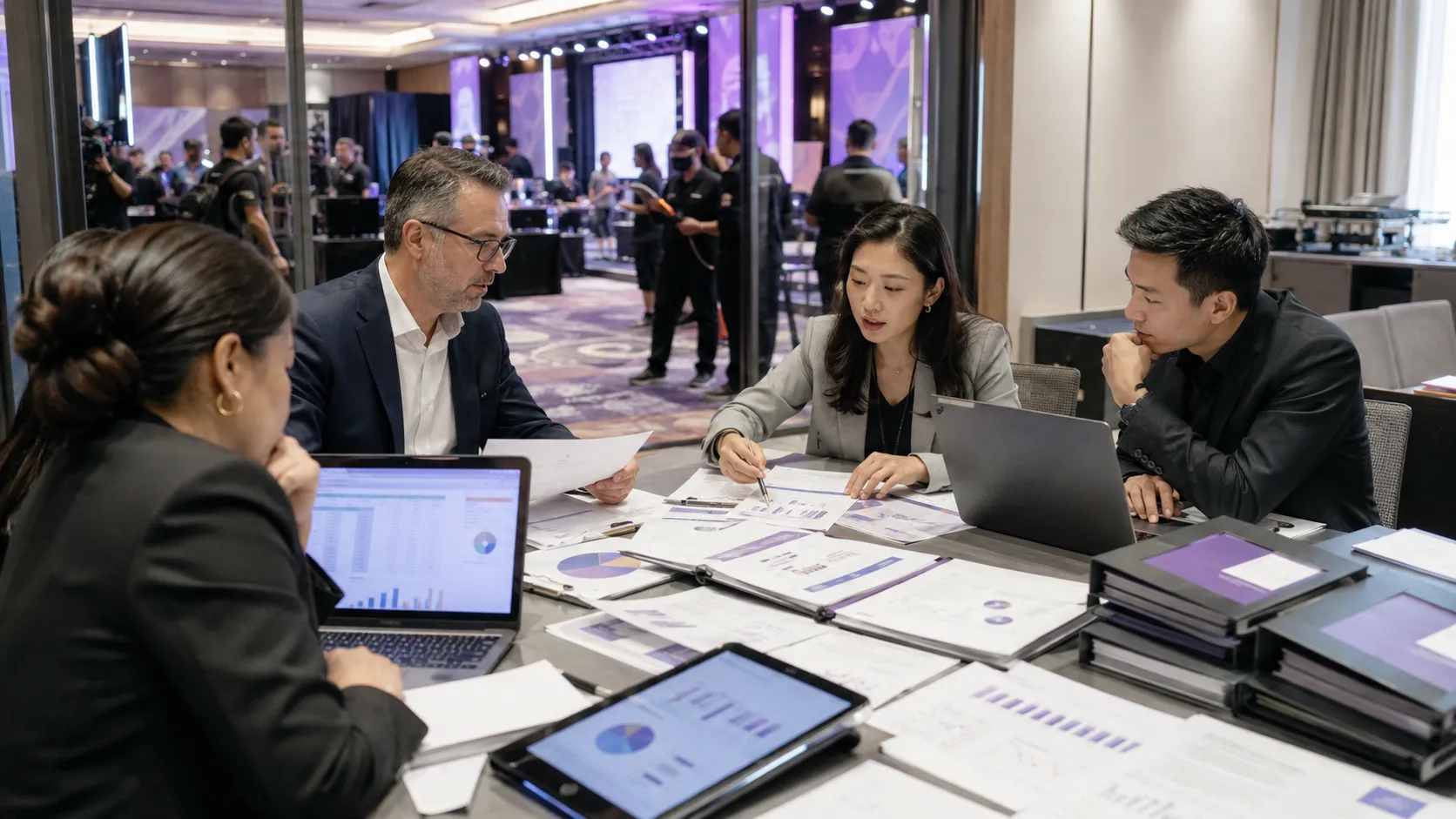 Corporate event team reviewing agency fees, supplier costs, taxes and budget approvals